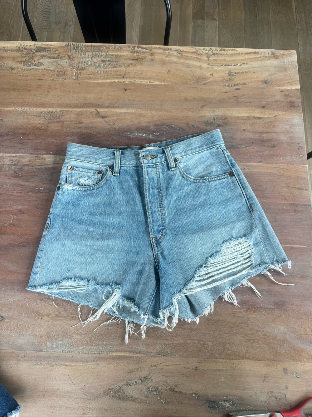 Re/Done Light Blue Distressed High-Rise Denim Shorts